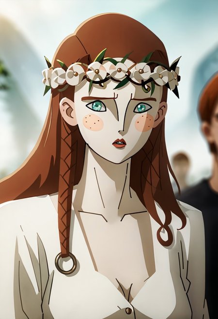 score_9, score_8_up, score_7_up, source_anime, expressive, anime,  dynamic, 1girl, white skin, blush_stickers and freckles, long hair, red hair, red_lips, aqua_eyes, shy, blush, uncensored, (S1GR1DTotG), source_hentai, unbuttoned, white_dress, breasts, blurry_background, head_wreath,