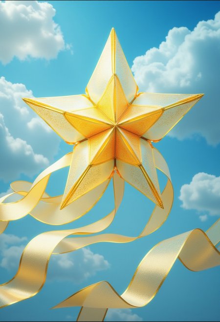 ((masterpiece, best quality)),(complex light),trending, high quality, realistic, intricate detailed, graceful and beautiful textures,16K,Generate hyper realistic image,trending,In the fantasy world,A complex star made from a single yellow ribbon with glitter, a light blue bird made from ribbons, an elegant and high-quality piece of art, daytime sky,beautiful landscape