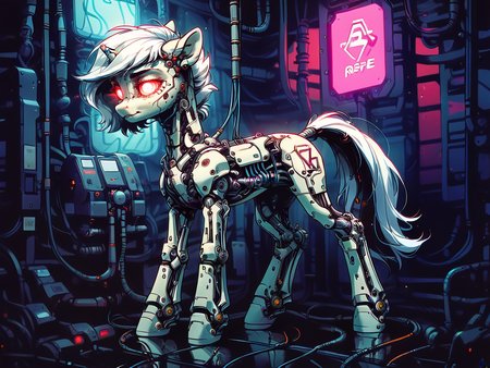 score_9, score_8_up, score_7_up, score_6_up,  <lora:cyb0rgXLP:0.8> cyb0rg, solo, science fiction, cable, mechanical parts, pony, black, feral, full body, glowing eyes, neon lights,
