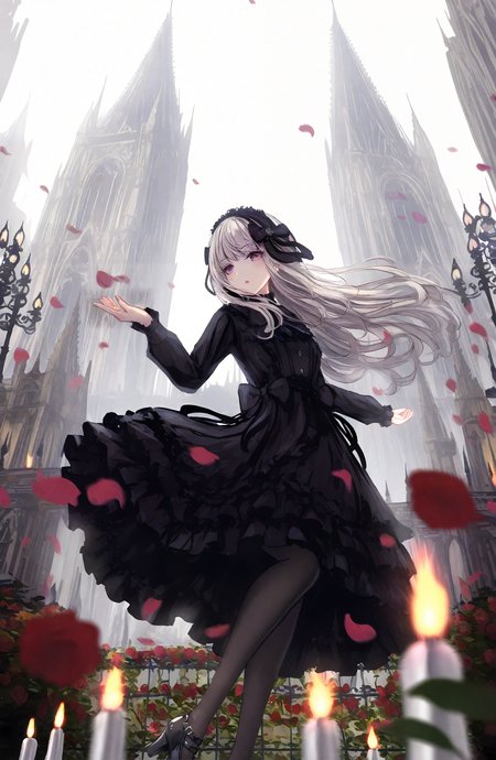 1girl, solo, long_hair, looking_at_viewer, long_sleeves, red_eyes, dress, standing, white_hair, flower, pantyhose, outdoors, frills, parted_lips, black_footwear, blurry, black_dress, high_heels, black_pantyhose, petals, floating_hair, rose, lolita_fashion, blurry_foreground, gothic_lolita, candle, candlestand