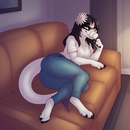 score_9, score_8_up, score_7_up, score_6_up, score_5_up, score_4_up, BREAK, 1girl, lunara, raptor, solo, standing, tail, source_furry, black hair, yellow eyes, black pupils, hair flower, looking at viewer, jeans, white shirt, skinny, full portrait, lying down, lying on side, on a couch, BREAK, inside, detailed background, apartment background, by dimwitdog, <lora:LunaraV3:0.7>,  <lora:add-detail-xl:1.4>,  <lora:PDXL_artist_tags_v2_big:0.8>
