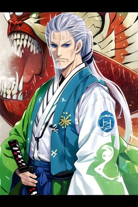 solo, 1boy, male_focus, ((too many)):16, 
watercolor (medium), traditional media, 
konpaku_youki, long_hair, blue_eyes, green_vest, whirt_shirt, long_sleeves, wide_sleeves, ponytail, hair_ribbon, hakama_skirt, green_hakama, sword, katana, sheath, sheathed, seven_katana, ghost,