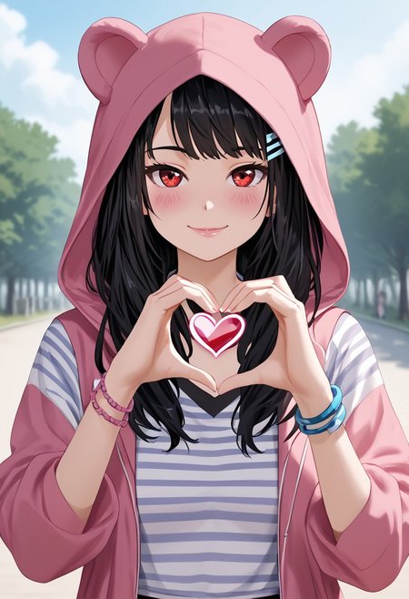 score_4,score_5,score_6,score_7_up,score_8_up,score_9 ((masterpiece,best quality,ultra detailed,highres,HD,4k:1.2)), 
((upper body)),outdoor,
1girl,solo,gir focu,solo focus,face focus,
black hair,long hair,hairclip,hair ornament,lips,red eyes,
pink hood,bear hood,hood up,white thighhighs,skirt,zettai ryouiki,bracelet,shoes,The ribbon around the neck, the striped shirt,
heart,heart hand,
blush,smile,