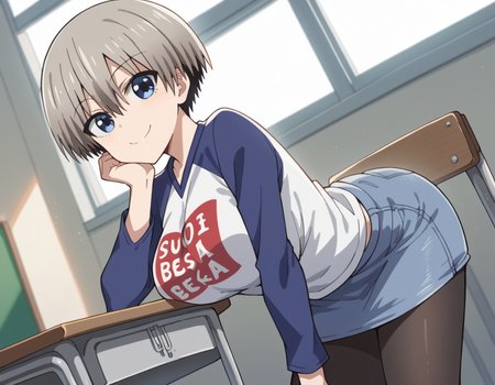 score_9, score_8_up, score_7_up, source_anime,
hanauzaki, <lora:hana-uzaki-s1-ponyxl-lora-nochekaiser:0.8>,
hana uzaki, short hair, blue eyes, large breasts, grey hair,
skirt, shirt, pantyhose, black pantyhose, denim, clothes writing, raglan sleeves, denim skirt, romaji text,
indoors, classroom, bent over, smile,
looking at viewer, cowboy shot, solo, dutch angle,