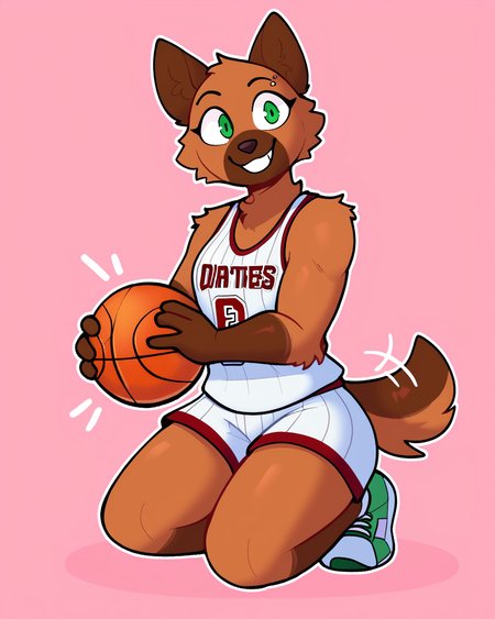 score_9_up, score_8_up, score_7_up, score_6_up,  by remanedur, brown body, short hair, furry female, female, furry, green eyes, eyebrow piercing, solo, smile, happy, three-quarter view, head tilt, basketball uniform, tail, sneakers, on ground, kneeling, basketball \(ball\), tailwag,  simple background, white outline, <lora:Leah_Pines(AIM)_XL_v1:0.15> <lora:PDXL_artist_tags_v2_big:0.6> <lora:The-Minuscule-Task_PDXL_v1.0:0.6>  <lora:Rose_Naire_sonokido:0.65>