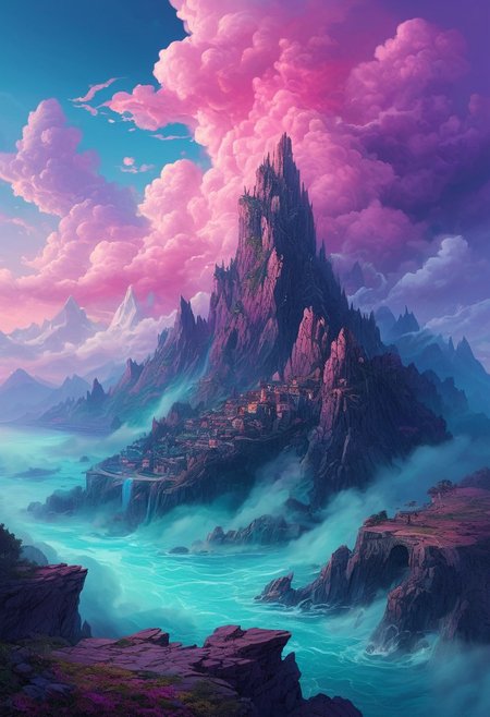 DB4RZ style painting, Epic fantasy landscape, mountainous, ruined city, dramatic clouds, swirling mist, vibrant color palette (pink, teal, purple, dark blues), dramatic lighting, soft warm light, building on top of a rocky island, ethereal mist, stormy seas around island, towering peaks, stylized rocks, detailed textures, intricate structures, photorealistic style, (atmospheric haze:1.2), (detailed cloud formations:1.1), digital art, middle ground perspective, middle-right composition, fantasy world, high detail, 8k resolution., <lora:FLUX-daubrez-DB4RZ-v2:1> DB4RZ, DB4RZ style painting