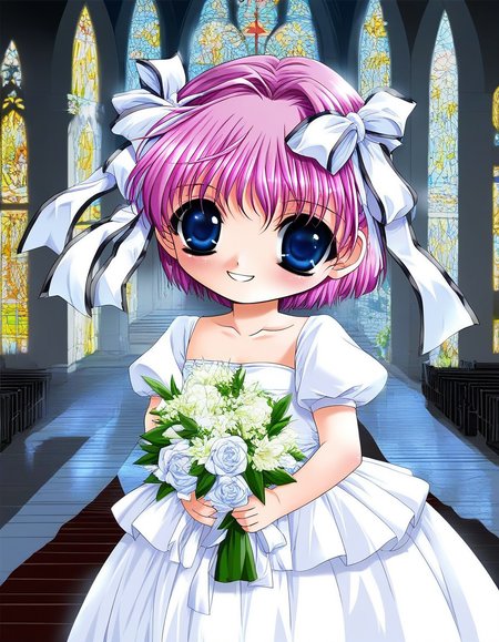 score_9, score_8_up, score_7_up, source_anime, rating_explicit, BREAK  <lora:Kago_Noa_Ver2.0_XL:1> KagoNoa, pink hair, purple hair, blue eyes, hair ribbon, white ribbon, short hair,  short stack,
wedding dress, church, flower, bouquet, church, Stained glass,holylight,
smile,
looking at viewer, 
cowboy_Shot,