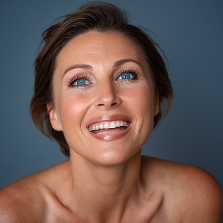 cinematic film still of  <lora:Devon Lee:1> Devon Lee
<lora:eyetune:0.1>
<lora:perfection style:0.1>
<lora:detailed:0.1>
happy facial expression of a happy ageingwoman smiling and looking up at the sky, movie themed, sharp, detailed skin, epic cinematic photography, artistic, creative, wrinkly face, dramatic lighting style, cinematic color style, Kodak film style, skin pore, emotional style, gustier style, facial expression style, happy facial style, 1girl, solo, looking at viewer, smile, short hair, open mouth, blue eyes, simple background, brown hair, nude, teeth, lips, realistic, hand on own shoulder, grey background, portrait
, shallow depth of field, vignette, highly detailed, high budget, bokeh, cinemascope, moody, epic, gorgeous, film grain, grainy