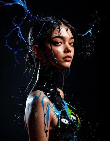 zavy-splsh, paint splash, ((( splash of black paint))) Colorful beautiful woman: Black ink flow: 8k resolution photorealistic masterpiece: by Aaron Horkey and Jeremy Mann: intricately detailed fluid gouache painting: by Jean Baptiste Mongue: calligraphy: acrylic: watercolor art, professional photography, natural lighting, volumetric lighting maximalist photoillustration: by marton bobzert: 8k resolution concept art intricately detailed, complex, elegant, expansive,
