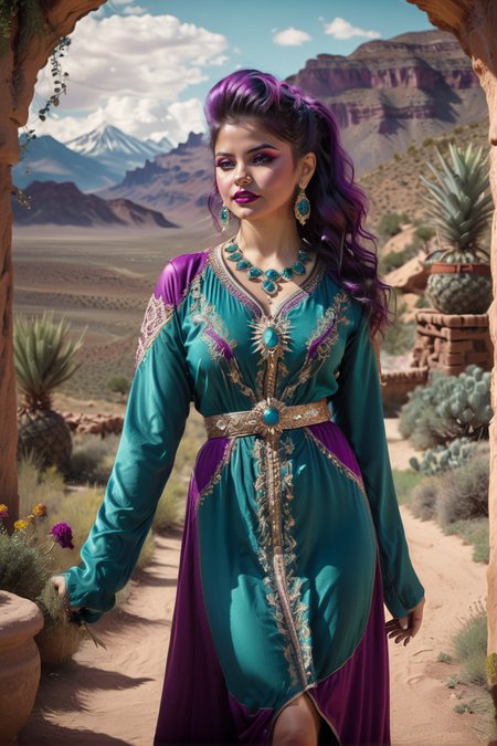 Happy, Dwarf Planet Ceres, Goth Art, Joyful, dreamy magical atmosphere, Disgusting, Teal and Berry, Nasty Energetic Navajo (Demi Rose:1.2) , she is in a Ancient setting, Fauxhawk hair, deep purple hue, natural lighting, Calotype, triadic colors, <lora:CaftanXLv1:0.8> qftan, woman, dress, <lora:xl_more_art-full_v1:0.6>