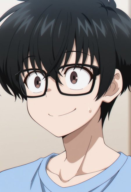 masterpiece,best quality,amazing quality, source_anime, 
KeitaroGentoga, 1boy, male focus, solo, brown eyes, glassed, black-framed eyewear, black hair, blue shirt, collarbone, portrait, smile,