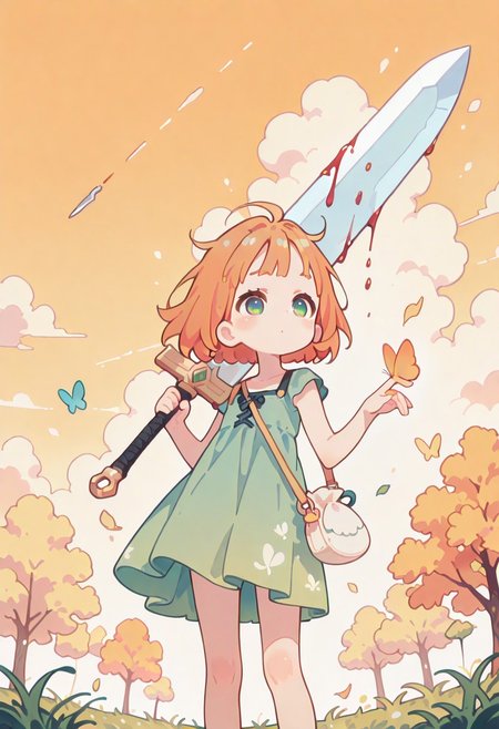 masterpiece, best quality, newest, Smooth, very awa, very aesthetic, Colorful themes, High Saturation, haiz_ai, 
1girl, solo, cute, kawaii, petite, small, fragile, young, youthful, flatchest, orange hair, bob cut, green eyes, fair skin, short hair, messy hair, floating hair,
sleeveless, green dress, cute bag, holding gigantic sword with one hand, sword over shoulder, sword covered in blood, knees, extending one hand, butterfly on hand,
autumn, floating leafs, windy, clouds, sunset, trees, grass,