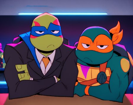 score_9, score_8_up, score_7_up, smooth lines, countershading, soft shading, 2d, extreme detail, 4K, high definition, high resolution,  <lora:rottmnt8:0.8>, 2boys, Mikey, Leo,  green skin, turtle, mask, black suit, bored, looking at viewer, upper body, indoors,
