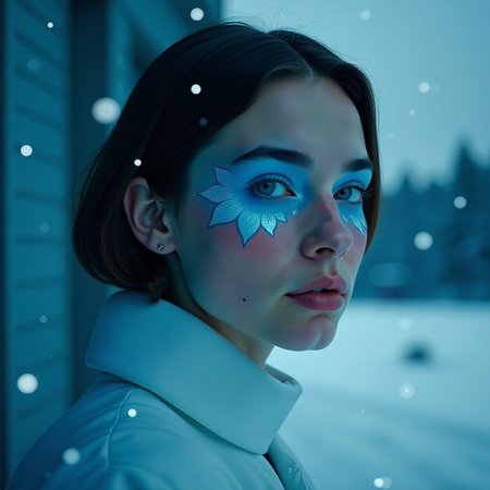 minimalistic portrait of a young Scandinavian woman white glacial blue smoked eye shadow, abstract white biomorphic pattern, winter landscape with glacial flowers, large snowflakes falling from the sky, vivid color, soft contrast, misty aether houte - couture rococo glacial clothing, atmospheric rim lighting, an intricate, elegant, highly detailed digital painting, (style of simon stalenhag, wayne barlowe, igor kieryluk. Lacombe, Patrice Murciano Frostpunk),<lora:flux/FluxMythP0rtr4itStyle>,<lora:flux/Herbst_Photo_35mm v2>,<lora:flux/perfection style v1>, perfection style, herbstphoto, , <lora:flux/FluxMythP0rtr4itStyle.safetensors:1.0>,