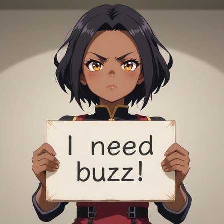 anime screencap, need_buzz, holding sign, dark skin, small breasts