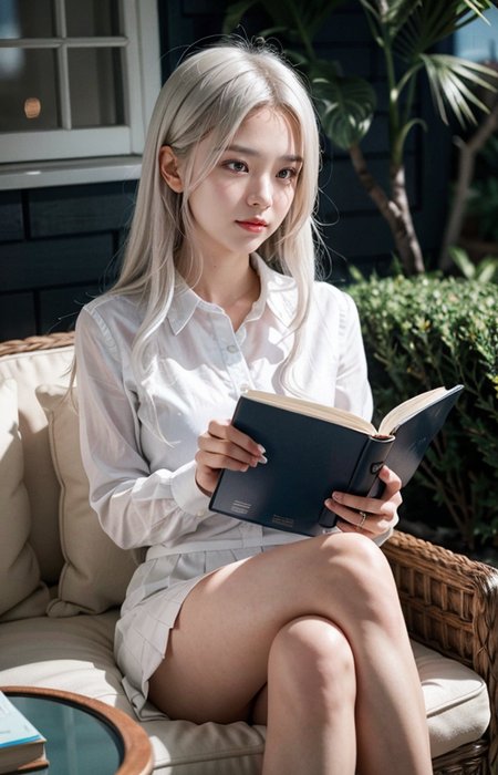 cinematic photo break. white hair,
"A close-up portrait of a 17-year-old girl with flowing white hair, sitting attractively with her legs crossed while reading a book. She is wearing a crisp white shirt and a stylish pink school uniform mini skirt. The scene takes place in a bright and relaxed atmosphere, reminiscent of a wonderful life by the Aegean Sea, with sunny weather in the background featuring a blue roof and white walls. Her expression is focused and content as she immerses herself in the book, with her white hair cascading around her, creating a cozy and inviting ambiance."
<lora:Better_Pose:1>  <lora:fluxenhancer:1> <lora:sparklycism:1>, <lora:Tangbohu_real_style_FLUX_type_A:1>, 35mm photograph, film, (bokeh:1.3), professional, 4k, highly detailed