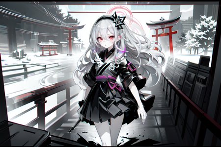 highly insanely detailed, masterpiece, top quality, best quality, highres, 4k, 8k, RAW photo, (very aesthetic, beautiful and aesthetic),  
(rsef style,fevercell style),futuristic_landscape, 
<lora:rsef-000225:0.8>, 
(1girl:1.3), 
1other, 
 enchantress dress,  wedges,  pelican case (protective case) ,ice skater wearing a pastel gray rhinestone-studded top, velvet mini skirt with zipper details, black ice skates with stylish accents, shimmering lip gloss, crystal brooch, 
, 
short hair with long locks,Blowing hair in the strong wind,mechanical hair, metallic hair, chrome,,hair over eyes,abstract representation of the girl in her flowing hair,hair ornament,hairband, 
, 
torii,toriibg,multtorii,sunlight_through_torii,urban_torii,red torii,vermilion_torii,tree,mystical_pathway,shinto_shrine_entrance,lightning,lightning bolt,Dusk,twilight,a colorful background,(fluid color background:1.2), 
,âââ