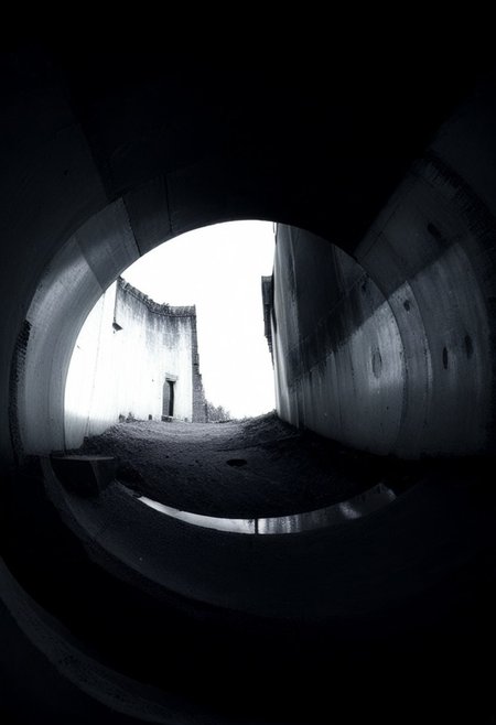 detailxl, 80sc1nemat1c5tyle, creamy bokeh, black and white, colorless, monochrome, BREAK, sinkhole, dark, darkness