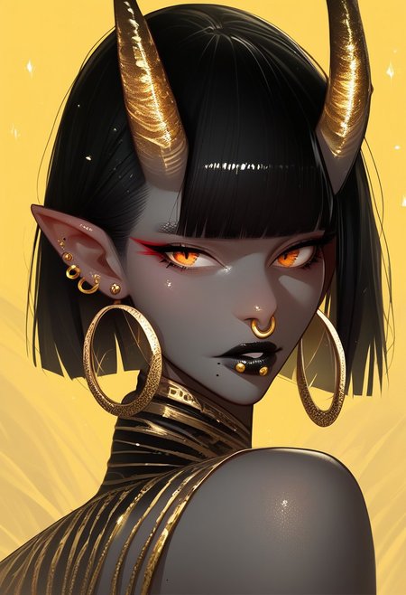 score_9, score_8_up, score_7_up,  
c0l0r1f1c4t10ng0ld,ColorificationGold,Colorification Gold, 1girl, solo, looking at viewer, short hair, bangs, black hair, jewelry, earrings, parted lips, horns, pointy ears, looking back, dark skin, blunt bangs, mole, dark-skinned female, lips, orange eyes, makeup, colored skin, piercing, lipstick, ear piercing, portrait, mole under mouth, yellow background, oni horns, hoop earrings, grey skin, black lips, nose piercing, lip piercing