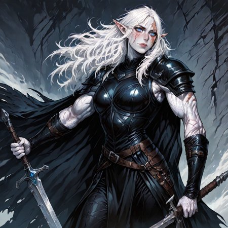 masterpiece, best quality, newest, absurdres, highres, DPWSV1.0, dynamic pose, holding sword, holding, holding weapon, weapon, sword,
1girl, MIRV1.0, pale, white skin, blue eyes, colored skin, toned, muscular, toned female, white hair, elf, pointy ears, scar, scar on face,
armor, cape, shoulder armor, black leather,