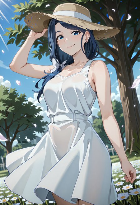 best quality, amazing quality, perfect quality, high quality, masterpiece, absolutely eye-catching BREAK
 <lora:Shangri-La_Frontier_-_Eika_Hizutome:1> ShangriEika, blue eyes, blue hair, long hair, low ponytail, loosely tucked bangs, hair ribbon, stud earrings, medium breasts BREAK
white dress, straw hat BREAK
outdoors, grass, flower field, falling petals, wind, sunbeam, hand on headwear, looking at viewer, smile, dutch angle, cowboy shot