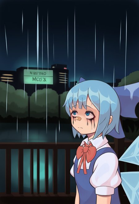score_9, best quality, masterpiece, uncensored, source_anime
BREAK
1girl, solo, short hair, bangs, blue eyes, shirt, dress, bow, ribbon, closed mouth, blue hair, white shirt, upper body, short sleeves, hair bow, wings, puffy sleeves, collared shirt, bowtie, blue bow, red ribbon, puffy short sleeves, wet, neck ribbon, blue dress, blue bow, red bowtie, bandaid, rain, ice, bandaid on face, ice wings, sad, cirno, outdoors, night, neon, standing, cyberpunk, ruined makeup, from side