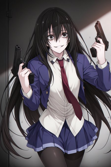 masterpiece, best quality, <lora:Kirukiru Amou-Illustrious-lora-Faxtron:1> kirukiru amou, black eyes, black hair, long hair, cropped blue blazer, white shirt, red necktie, blue skirt, black pantyhose, 
 <lora:DanielRadcliffeHoldingTwoGunsMeme_pdxl_Incrs_v1:1> handgun, holding gun, holding weapon, dual wielding, finger on trigger, smile, grin, crazy eyes,