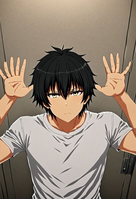 high resolution, solo, best quality, 1Boy, Seiya Kanie, black hair, short hair, thin, kabedon POV, T-Shirt, OverallDetail