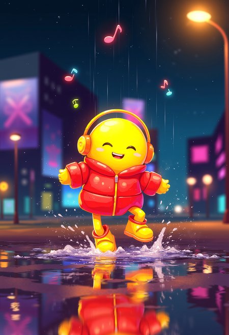 digital artwork in the style of ckgf, A joyful little glowing yellow robot in a glowing red puffy jacket and tiny boots jumping, headphones on head dancing and splashing in a puddle under a glowing streetlamp in the streets of LA. colorful glowing musical notes floating in the air, Holographic raindrops swirl around, forming a magical light show. The reflections of neon city lights ripple in the water, casting mesmerizing patterns. Strong rim lighting from the lamplight makes the robotâs body shine, emphasizing its delightfully round features. Colorful. Bokeh. Vibrant Glow.