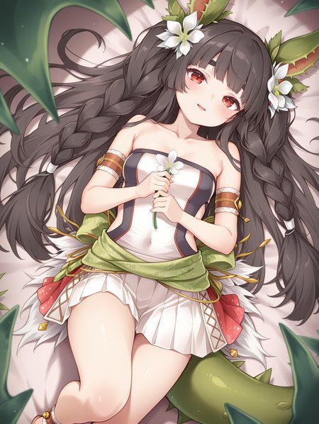 traptrix dionaea, 1girl, solo, lying, on back, looking at viewer, blush, thick eyebrows, dutch angle, holding white flower, from above, collarbone, plant, smile, open mouth, leaf, parted lips, venus flytrap ears, plant girl, white hair flower, red armband, green back bow, white strapless shirt, white skirt, red anklet, twin braids,
masterpiece,best quality,amazing quality,very aesthetic,absurdres,newest,<lora:Traptrix Dionaea illuXL v1.1:0.82>,