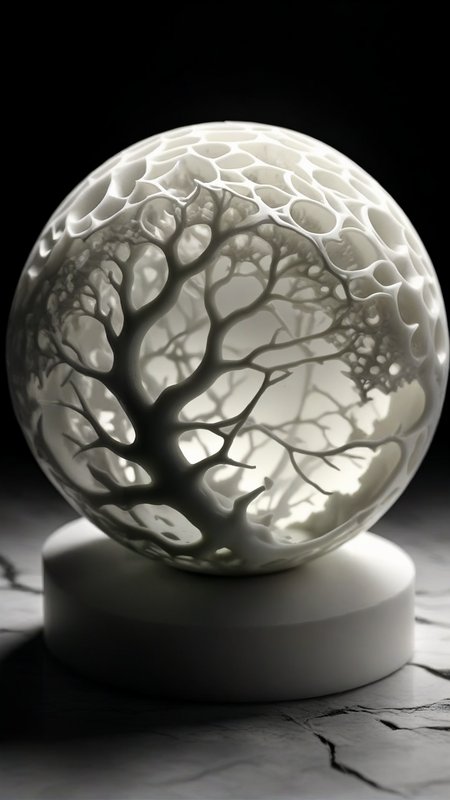 <lora:3DPrintingXL:1>,whitemold,3d printed mold,art style,greyscale,monochrome, 1cracked marble sphere, solo, glowing core, intricate veins running through, soft polished exterior, fragile and strong at once, light breaking through cracks