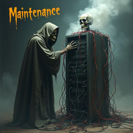 a skeletal necromancer wearing a robe  trying to raise a dead server that is tangled in lose cables and smoking and a text written above the image that says "Maintenance" the text is important
