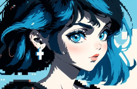 1girl, earrings, solo, looking_at_viewer, blue_eyes, portrait, medium_hair, black_hair, blue_theme, bangs, lips, cross, cross_earrings,pixel_art style background
BREAK
 <lora:mys-000007:0.8>