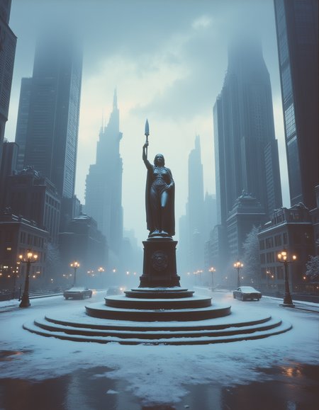 Cinematic scene of a dystopian cityscape with skyscrapers, industrial vibes, cloudy sky, snow on the ground,  in center is a roundabout with a statue of a women holding a sword,  cars, street lamps,
<lora:80s_Fantasy_Movie:1> ArsMovieStill, 80s Fantasy Movie Still