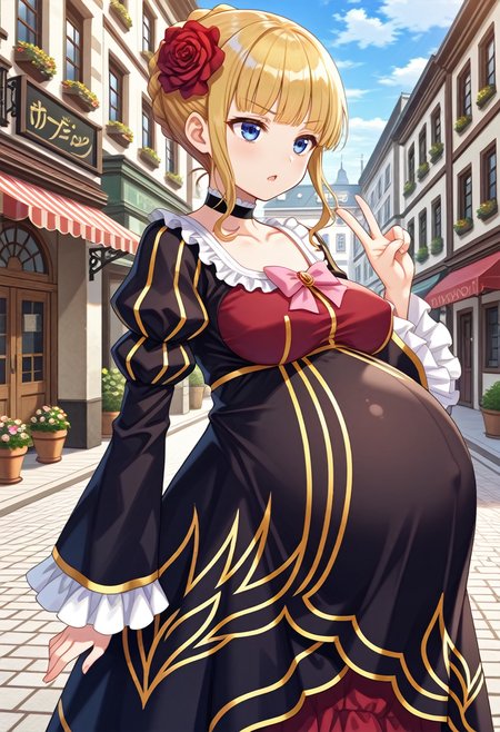 STYLE(comfy++,none) masterpiece, best quality, absurdres, 1girl, [tsukasawa takamatsu:cura, fuzichoco:0.3], torino aqua, beatrice \(umineko\), umineko no naku koro ni, blue eyes, blonde hair, hair flower, dress, choker, medium breasts, pregnant, big belly, standing, closed eyes,  grimace, chestnut mouth, looking ahead, breast suppress, v, arm at side, cowboy shot, from side,  day, street, game cg, <lora:Other/Pregnancy_Slider.safetensors:1.2000000000000002:1.2000000000000002> <lora:Tech/dmd2_sdxl_4step_lora_fp16.safetensors:1.0:1.0> <lora:Other/pregnant_cl_v3.safetensors:1.0:1.0>