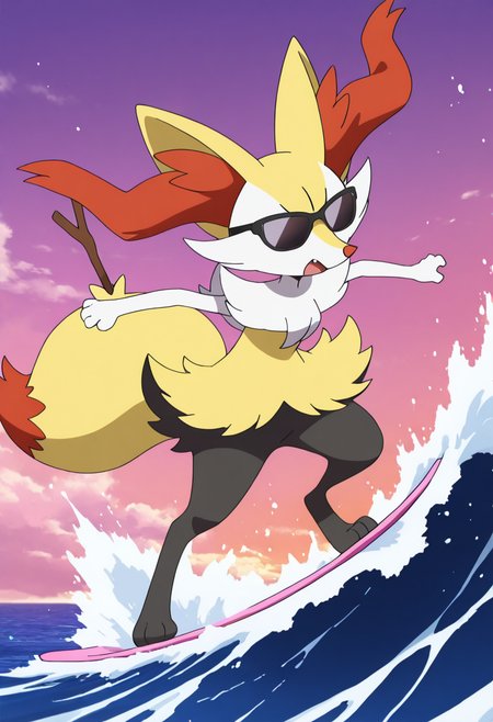 masterpiece, best quality, anime screencap, solo,   zzBraixen, surfing, ocean, sunglasses,     ,<lora:BraixenPokedex_IXL:1.0>,