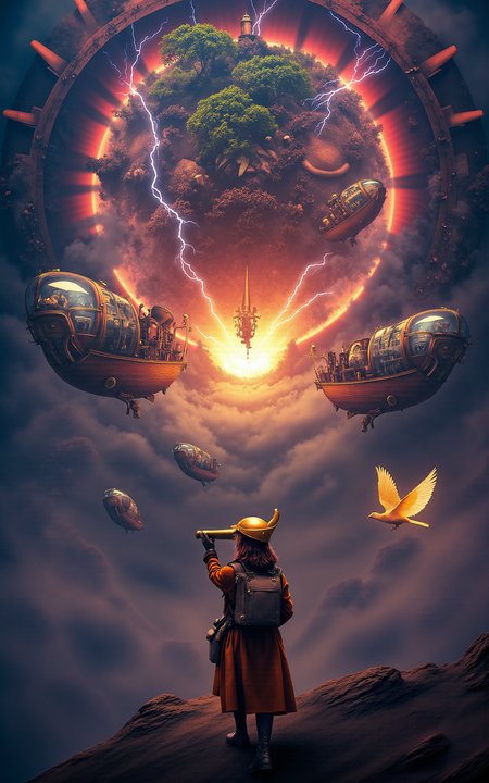 A vivid steampunk scene above the clouds in the floating city of Ishtar,centered on a female watcher with a mechanical arm and an old pilot suit,standing atop a colossal gear tower. She peers into a thunderstorm with a brass telescope. Behind her,flying whale-shaped airships carry glass domes filled with ancient plants,circling the glowing mechanical heart that powers the city. The background glows with crimson light from steam vents and rotating gear circuits,while electric arcs dance across a storm beast shaped like a dragon. Feathered mechanical doves dart through the clouds carrying scrolls. A mechanical angel with golden wings awakens in the misty distance. (vivid style, cinematic lighting, wide angle, high detail).,<lora:aidmaMJ6.1_v0.5_3:0.6>,aidmaMJ6.1,<lora:detailifier_sd3.5:1>,detailifier,