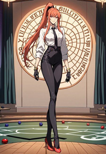 safe_pos, score_9, score_8_up, score_7_up, 1girl, night, indoor, in a casinò, full body, dynamic shot, from high, long legs standing behing a poker table, green table, solo, dynamic pose, Feng Ling, orange hair, red eyes, medium breast, long hair, ponytail, black pants, white shirt, long sleves shirt, black gilet, black neck tie, red heels, gold slim bracelets, black gloves, looking at the viewer, long legs, nice legs, white hips ultra detailed, masterpiece, <lora:add-detail-xl:1>, <lora:StS_PonyXL_Detail_Slider_v1.4_iteration_3:4>