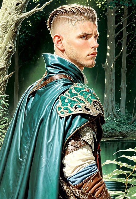 <lora:patrick_henning_sdxl_v1:0.8>, male focus, patrickhenning, <lora:HyperdetailedColoredPencilV2:0.8>, ArsMJStyle, Colored pencil hyperdetailed realism, noble forest guardian thoughtfully beside an ancient mystical pond, detailed styled undercut hairstyle, intricately decorated leather armor, flowing emerald cloak gently rippling in breeze, vibrant enchanted forest background, gentle sunlight filtering through leaves, subtle magical glow, dynamic three-quarter view, thoughtful expression