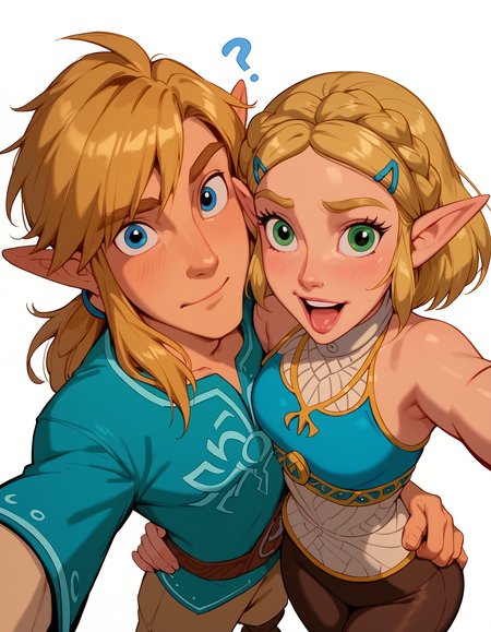 <lora:Disney_Style:.9> <lora:princess_xl_v2:.75> <lora:add-detail-xl:.9> <lora:g0th1cPXL:.3> <lora:Cherry-Gig:.45> <lora:Expressive_H:1> <lora:PLASTT_PonyV6:1> score_9, score_8_up, score_7_up, zPDXL, DisneyRenstyle, score_9,score_8_up,score_7_up,score_6_up, score_9, score_8_up, score_7_up, 1 girl, 1 guy, couple, Princess Zelda, Link, BOTW, Breath of the Wild outfit, elf ears, pointy ears, white background, plain background, ambient lighting, standing, blue tunic, (selfie pose, selfie pov, high angle, 3/4 view), 
couple, 1 girl, princess zelda, intricate hair, messy side braid, excited expression, laughing, small breasts, wide eyes, narrow hips, petite, skinny, slender, standing, (breath of the wild outfit, blue tunic, black leggings), wide eyes, (selfie pose, arm outstretched for selfie pose, making peace sign), 
couple, 1 guy, Link, elf, pointy ears, (Breath of the Wild outfit, blue tunic, brown trousers), fit, athletic, confused expression, question marks, mouth closed, wide eyes, (one hand on own hip, one hand behind own head),