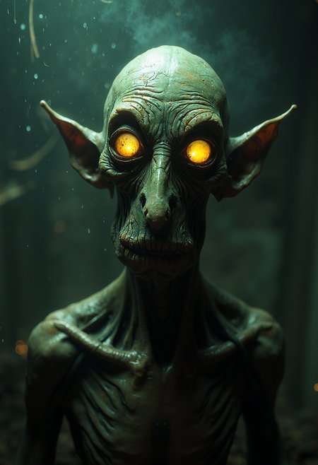 Imagine a twisted, nightmarish being with an exceptionally flat, narrow nose and sunken, yet intensely bright yellow eyes that seem to burn with an otherworldly energy. Its form is a blend of humanity and some unseen, eldritch horror, as if born from dark, foreboding mists that have taken on a life of their own. Capture this creature in exquisite, cinematic detail, with every texture, muscle, and fiber revealed in hyperrealistic, awe-inspiring precision. The atmosphere around it is heavy with an unsettling, malevolent presence that seems to seep into the very soul, as if it has been summoned from some ancient, long-forgotten tome of forbidden knowledge.