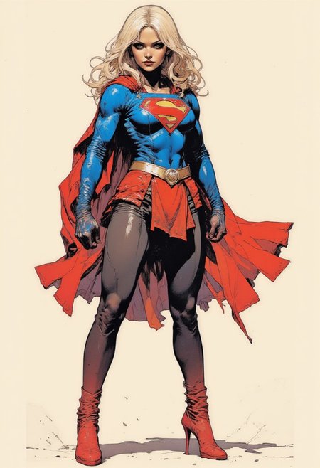 Mangaka style, dressed as supergirl, form fitted blue bodysuit with 'S' logo, red pleated skirt, red cape, red knee high boots, fighting pose with fists clenched, ready to fight