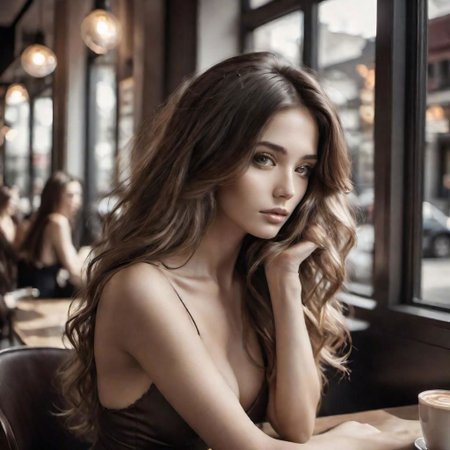 Photography:2.3, young woman sitting nude:1.9 at coffe shop, slim waist, Perfect Hands, dark:1.7, desaturated (low conrast:2.3), cinematic light, caucasian ethnicity, very long big hair