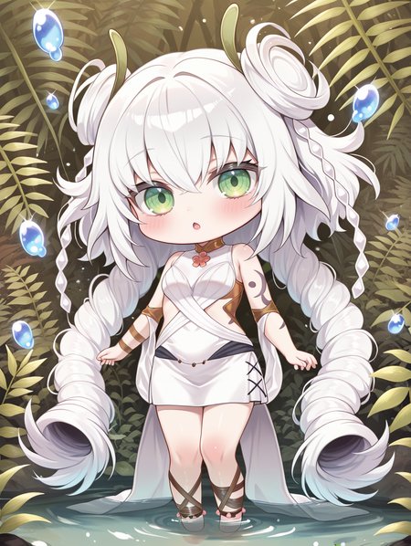 plant girl, traptrix genlisea, 1girl, solo, blush, looking at viewer, open mouth, :o, chibi,  full body, white sleeveless dress, brown armlet, brown legwear,plant,nature,water,wading,water drop,anklet,
masterpiece,best quality,amazing quality,very aesthetic,absurdres,newest,<lora:Traptrix Genlisea illuXL v1:0.76>,