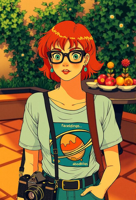 msdh, frosted animation,retro anime
Upper body shot of a stunning 18-year-old woman with ginger hair, bright aqua eyes, light freckles, thick eyebrows, and glasses that give her a nerdy look. in a sun-drenched Mediterranean courtyard with terracotta tiles, climbing vines, and a central fountain. The background shows a table set with fresh fruit and flowers, surrounded by lush greenery and colorful flowers.

She is wearing graphic tee featuring a science, math, or coding theme, peeking out from under her outfit.Small, understated stud earrings, possibly shaped like planets, atoms, or other nerdy symbols.A small, vintage camera slung around her neck, suggesting an interest in photography and retro technology.

A soft, unfocused gaze with a small smile, as if she’s daydreaming or lost in pleasant memories.




