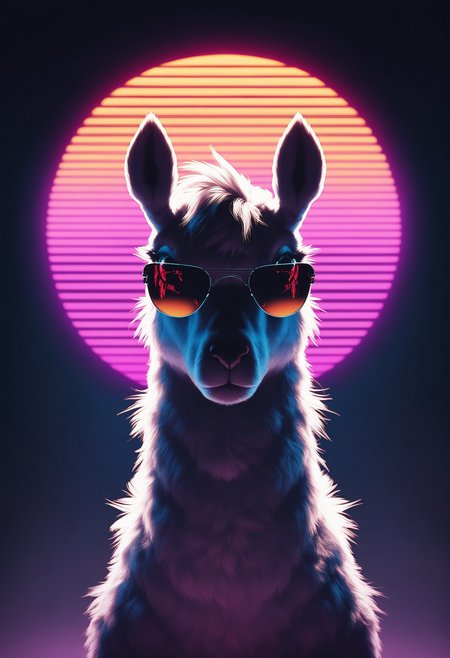 score_9, score_8_up, score_7_up, fluffy, detailed fur, from below, dramatic, alpaca, lama, iconic sunglasses, cool,  <lora:43stl1ght1ngXLP2:0.4>, 43stl1ght1ng, low light, dramatic lighting, darkness, spotlight, neon, glow, syntwave, vaporwave, scanlines, dark background