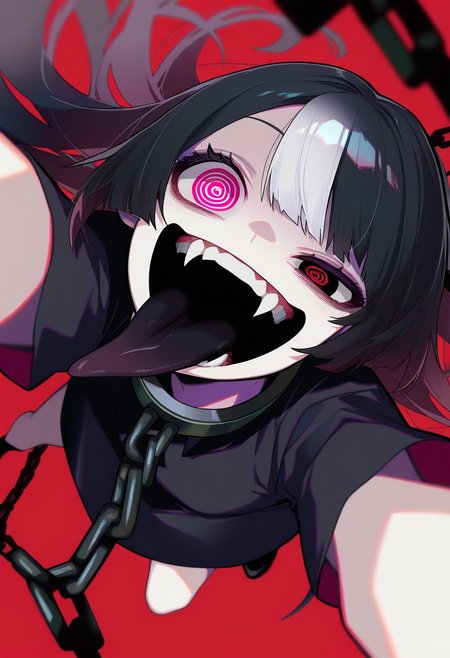 masterpiece, best quality, very aesthetic, high resolution, ultra-detailed, absurdres, newest, extremely detailed eyes, beautiful, perfect lighting, hi res, amazing quality, very awa, jui_sio, JUI_SIO, 
red background, simple background,
close up face,  from above, looking at viewer, staring, foreshortening, reaching towards viewer, 
(gesugao:1.2), (uneven eyes:1.3), 
1girl, solo,   gradient hair, white hair, black hair, heterochromia, @_@, crazy eyes, black eye, white eye,  multicolored eyes,  gradient eyes,  wide smile, crazy smile, fangs,  tongue out, black tongue,  
collared dress, metal collar with long chain, chained, asymmetrical bangs, pale skin, black nails, 
masterpiece, best quality, amazing quality,