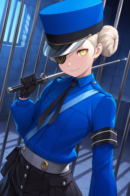 1girl,
CarolinePersona,
general, dynamic angle, upper body,
eyepatch, police hat,
holding, baton \(weapon\),
blue shirt, black gloves, black necktie, grey belt, black shorts,
looking at viewer, domination, smile, 
blue theme, prison,
<lora:kp_CarolineAndJustinePersonaIllustrious_v1_0:1.0>,
masterpiece, best quality, amazing quality