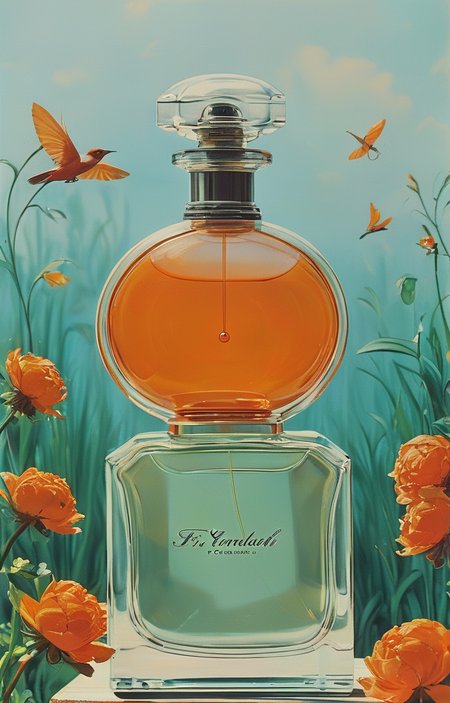 masterpiece,best quality,<lora:tbh300-sdxl:0.9>,illustration,style of F. C. Gundlach A bottle of perfume in garden