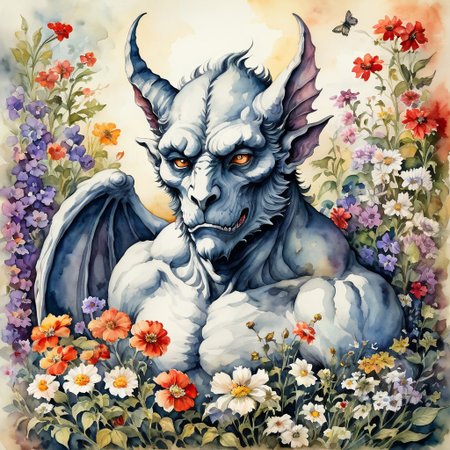 high detail, high quality, masterpiece, epic composition, watercolor on old paper, gargoyle creature amongst flowers